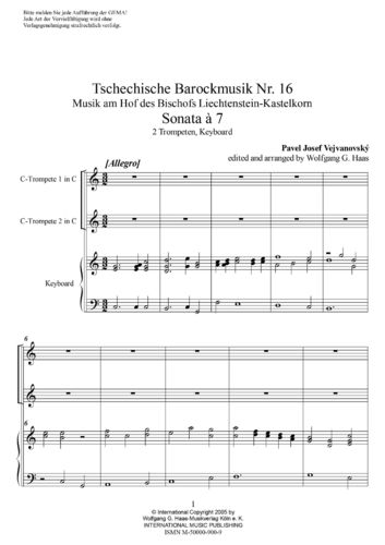 Vejvanovský, Pavel Joseph 1633c-1693 -SONATA 7 / 2 (naturel) trompettes C / B, orgue / piano