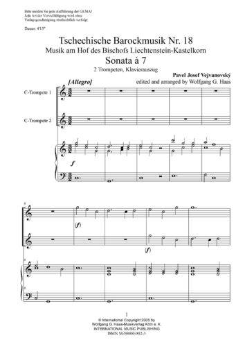 Vejvanovský, Pavel Joseph 1633c-1693 Un -SONATA 7 2 (natural) trompetas C / B, órgano / piano