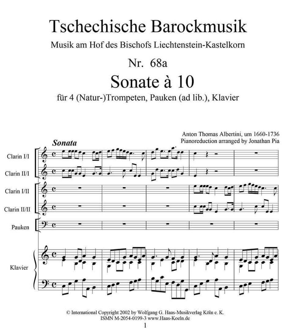 Albertini, Thomae 1671-1737 Sonata à 10 en Do Mayor para 4 (natural) trompetas, timbales, reducción