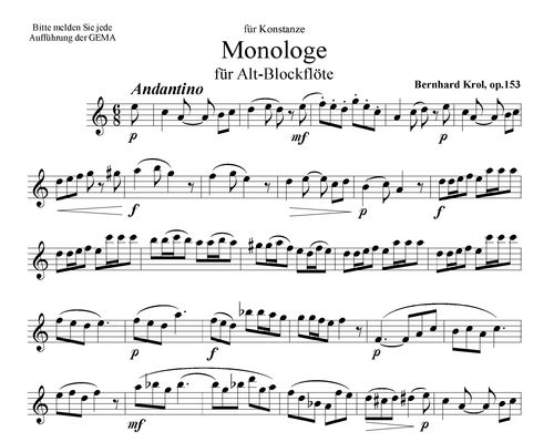 Krol, Bernhard 1920-2013 Monologe : opus 153 ; Alt-Blockflöte ALT BLOCLFLÖTEte