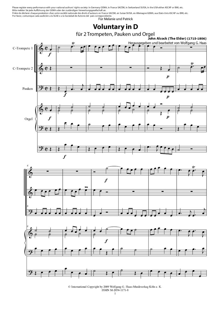 Alcock, John (The Elder) 1715-1806 - Trumpet Voluntary 2 (naturale) trombe C / B, timpani e organo
