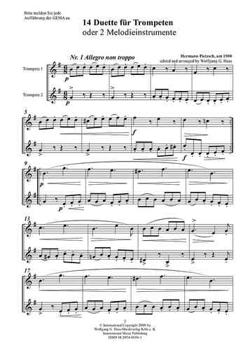 Pietzsch, Hermann 1906 -14 Duets for Trumpet, -konzertante Etudes for 2 Trumpets (grade 2-3)