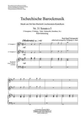 Vejvanovský, Pavel Joseph 1633c-1693 Un -SONATA 5 2 (natural) trompetas D / C / A, Orgel /piano