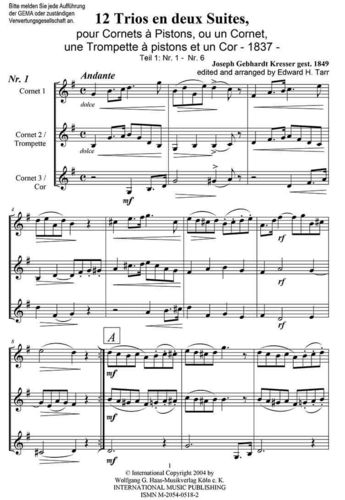 Kresser, Joseph Gebhardt? -1849 -12 Trio en deux suites: 3 cornetas