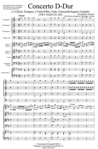 Telemann,Georg Philipp, Concerto D-Dur, (TWV 54:D 4 3Tr D2) 3 (Natur-)Trompeten in D/C/A, Streicher