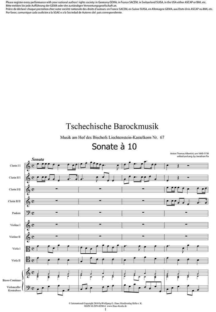 Albertini,Thomae 1671-1737; Sonate à 10, für 4 (Nat-)Trp in C, Pk, Str, Bc.