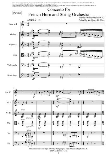 Weiner, Stanley; Concerto für Horn und Streichorchester WeinWV12; PARTITUR